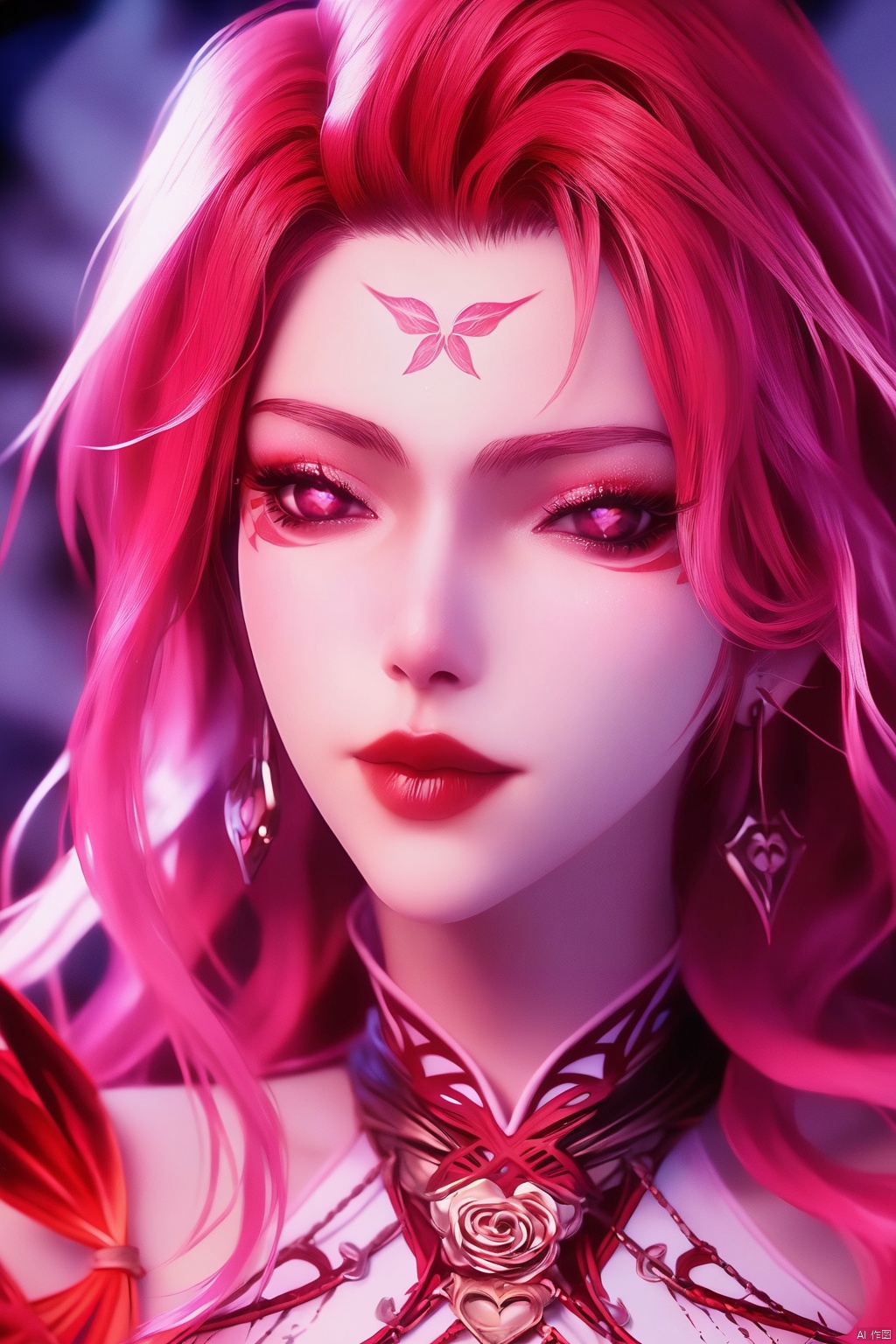 score_9,score_8_up,score_7_up,source_anime, 
1girl, solo, long hair, looking at viewer, jewelry, pink hair, red hair, earrings, pink eyes, lips, symbol-shaped pupils, tattoo, makeup, facial mark, lipstick, portrait, forehead mark, red lips, 