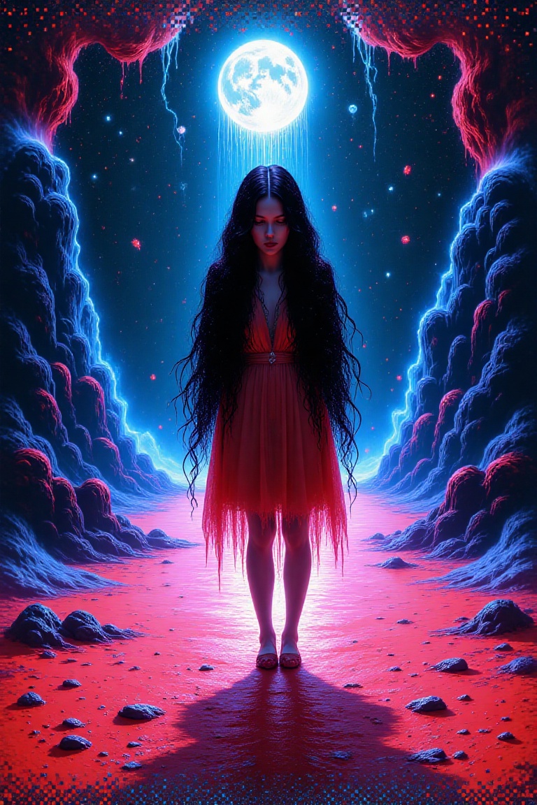 Golden moonbeams bathe a petite girl,  standing sentinel on a crimson beach,  where red sand meets the darkness of the sea...