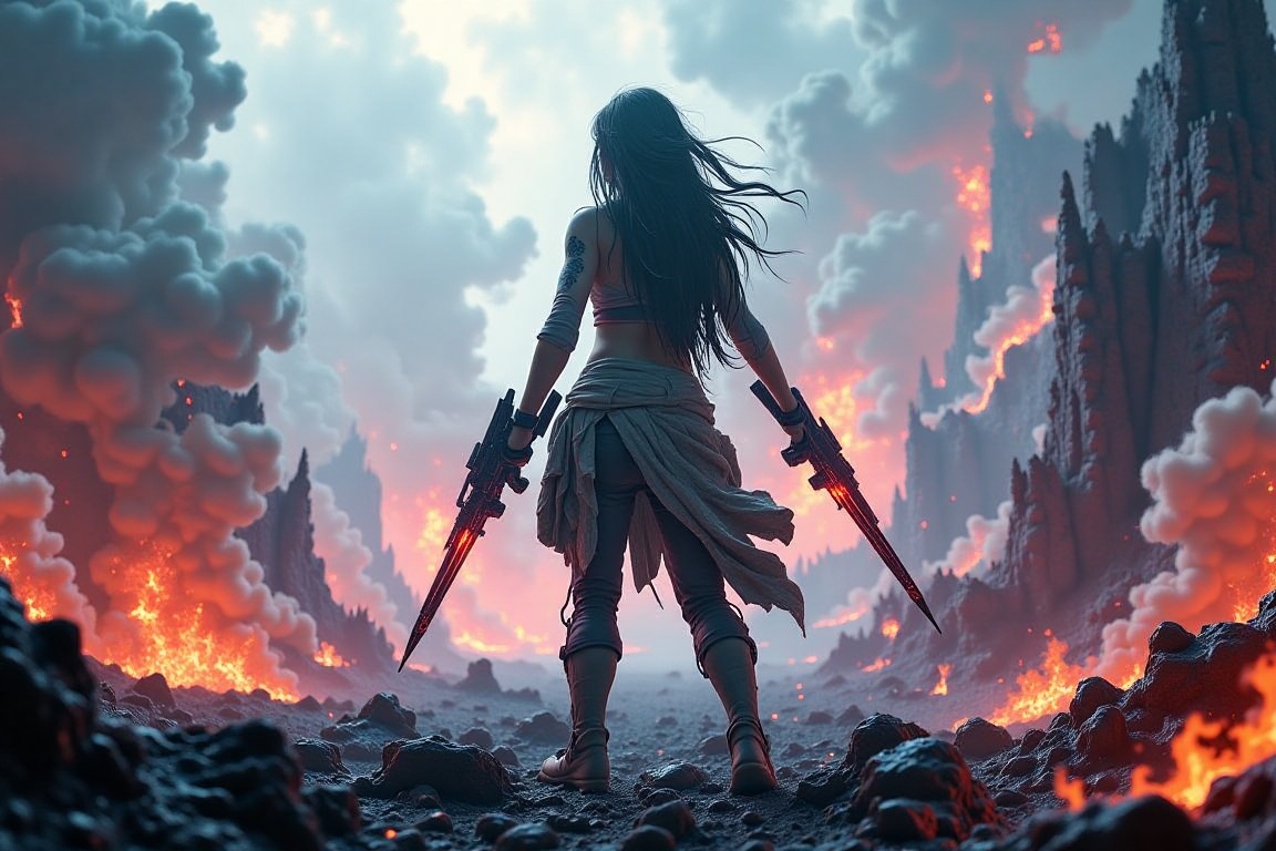 In a ravaged battlefield shrouded by thick fog,  a warrior's unyielding stare cuts through the misty veil,  fueled by inte...