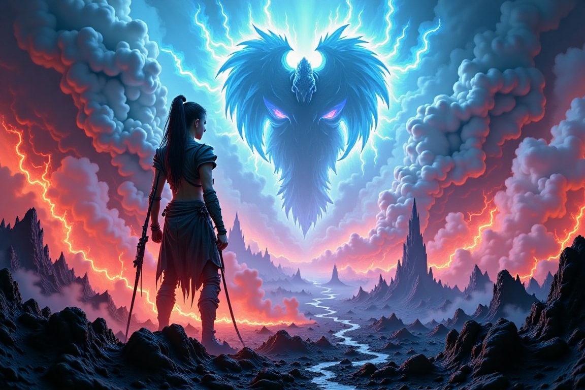 In a ravaged battlefield shrouded by thick fog,  a warrior's unyielding stare cuts through the misty veil,  fueled by inte...