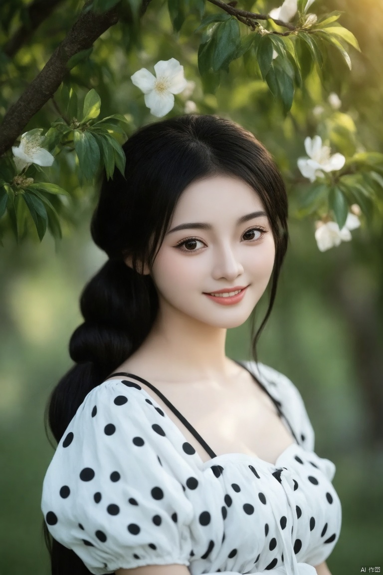 (best quality,4k,8k,highres,masterpiece:1.2),ultra-detailed,(realistic,photorealistic,photo-realistic:1.37),long dark hair,braid,white dress with black polka dots,thin straps,beautiful detailed eyes,beautiful detailed lips,extremely detailed eyes and face,long eyelashes,smiling gently,soft pastel colors,natural light,bokeh,dappled sunlight through leaves,delicate flower petals,rich green foliage,calm and tranquil,summer day,HD,HDR,UHD,studio lighting,ultra-fine painting,sharp focus,physically-based rendering,extreme detail description,professional,vivid colors