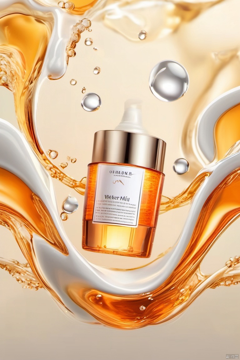 water, blur, still life, glossy, white elastic, simple background, orange theme, masterpiece, high quality, moisturizing, smooth, yoga texture, the bottle is surrounded by a layer of flowing white liquid, elevation view, ingredients in face cream, transparent water molecules , (Transparency: 1.5),