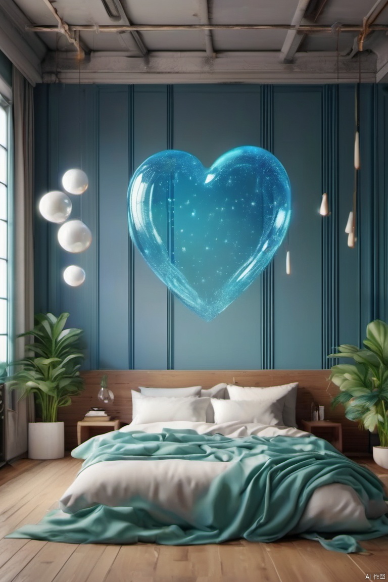  Holographic projection, a 3D rendering of a bed is displayed on the wooden floor. The bed is decorated with white blankets and pillows, and a wooden headboard. To the right of the bed is a white vase with a green plant inside, adding a touch of color to the scene. There are suspended molecular structures in the air, and the wall behind the bed is a vibrant blue with a heart-shaped design in the middle flanked by a series of bubbles. The bubbles are arranged in a way that creates a star-shaped pattern, adding depth to the composition. There is a small window on the left side of the frame which adds to the overall composition of the image.