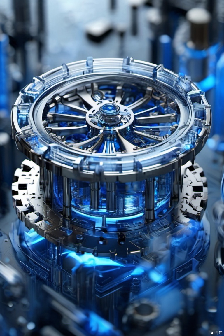  e-commerce products This image presents a high-tech transparent cylindrical mechanical device with a complex internal structure including metal gears bearings and other components presented in blue tones highlighting a sense of technology. The background is deep blue forming a sharp contrast with the subject highlighting the delicacy and mystery of the mechanical device. The overall design is impressive and full of futuristic feel