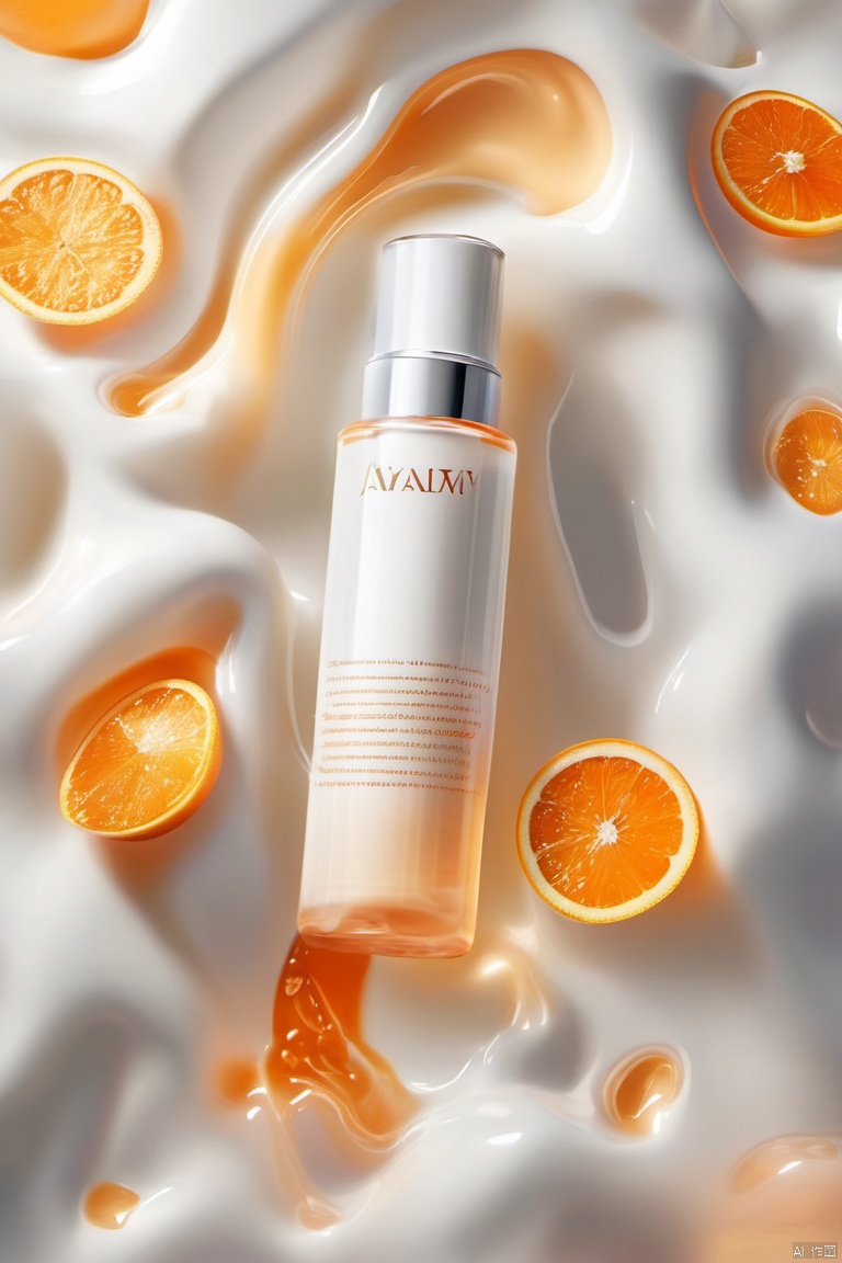 water, blur, still life, glossy, white elastic, simple background, orange theme, masterpiece, high quality, moisturizing, smooth, yoga texture, the bottle is surrounded by a layer of flowing white liquid, elevation view, ingredients in face cream, transparent water molecules , (Transparency: 1.5),
