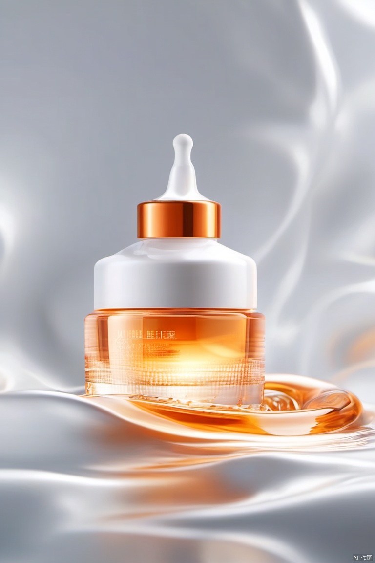 water, blur, still life, glossy, white elastic, simple background, orange theme, masterpiece, high quality, moisturizing, smooth, yoga texture, the bottle is surrounded by a layer of flowing white liquid, elevation view, ingredients in face cream, transparent water molecules , (Transparency: 1.5),