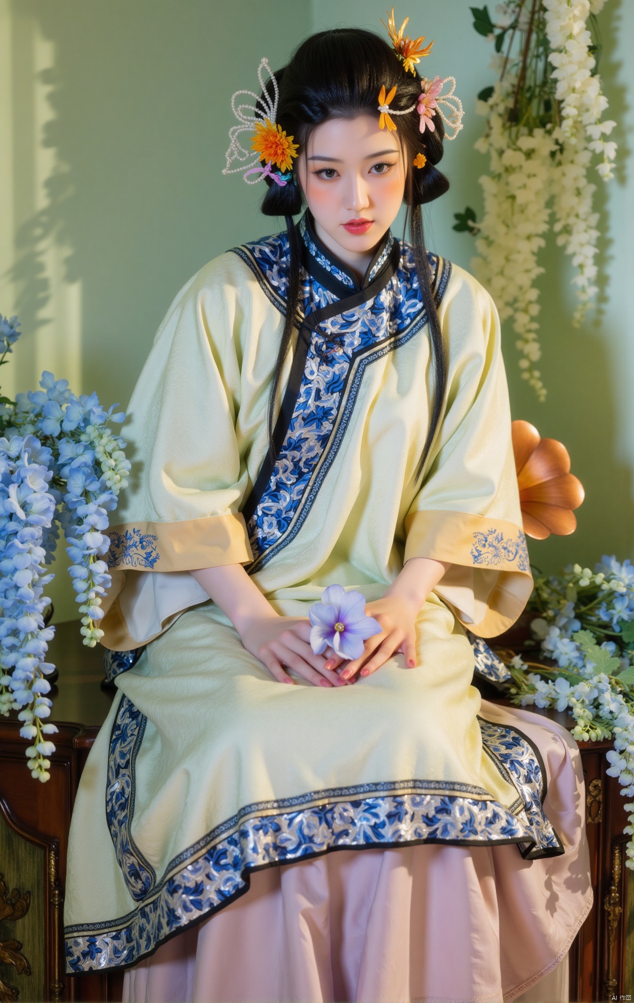  masterpiece,1girl,black hair,(Sitting by the lotus pond in the garden:1.3),(hanfu dress:1.3),black eyes,beautiful face,short sleeves,holding flower,looking at viewer,(huge breasts:2.79),(full breasts:1.99),Xzhaoliner,Xyaoxi,Xsulingyun,XyunluoX,Xhenrendadi,Xlannuo,Xlongnv,Xruoshui,XyunluoH,Xyuzimo,Xliuyue,Xlimuwanx,Xhongdie,Xyanqingcheng,Xqinghe,XyunxiX,XshengcaierX,Xdacishuwang,Xzhukeer,Xqinghanfu,Xyupopo