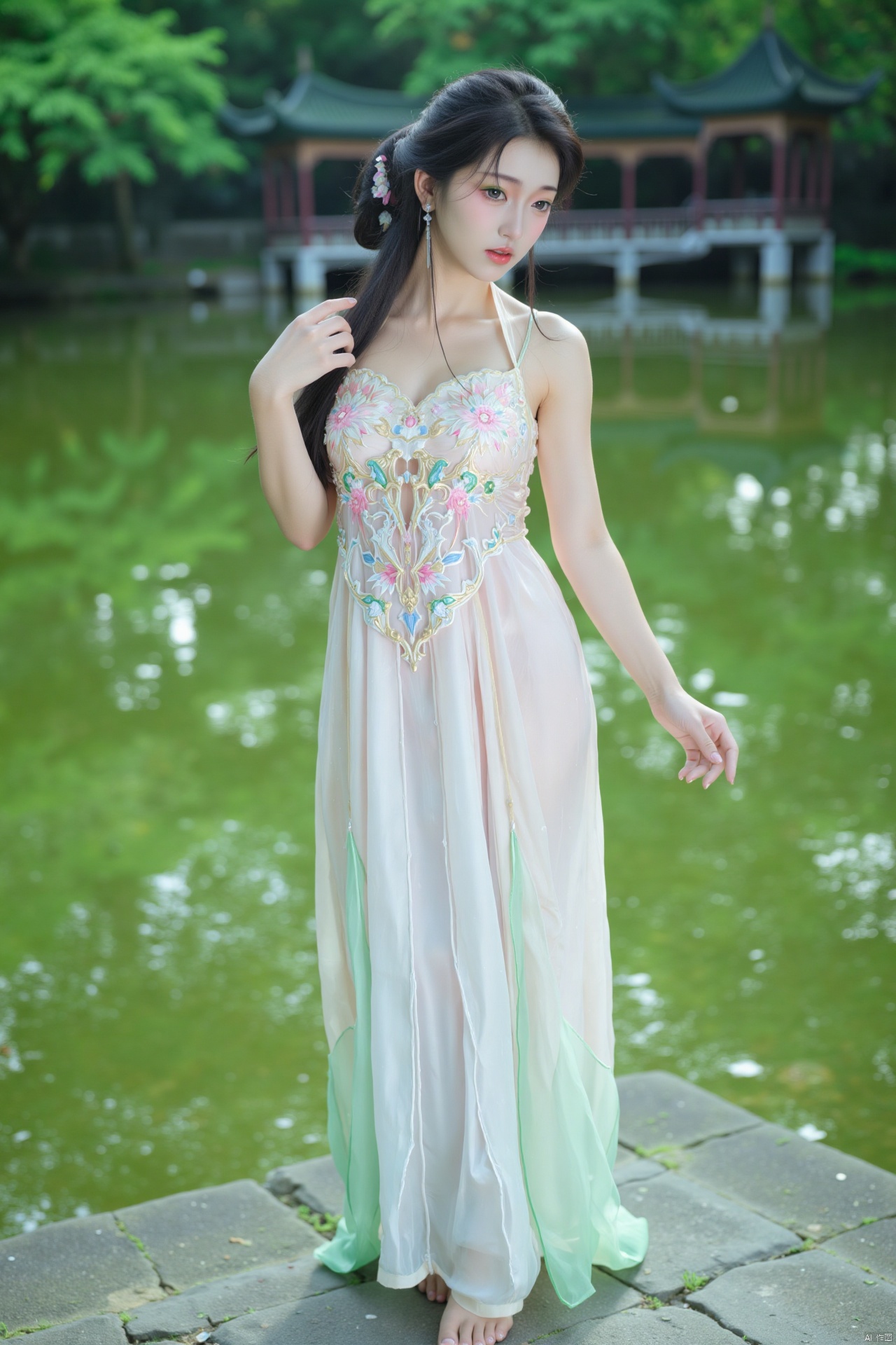 masterpiece,(best quality),official art, (1girl), (solo), ((looking_at_viewer)),(huge breasts:2.69),(full breasts:1.99),Xzhaoliner,(Lotus pond, lotus:1.52)
,Xyunxi,XyunxiX,XshengcaierX,Xzhukeer,Xdacishuwang,Xhehuahanfu