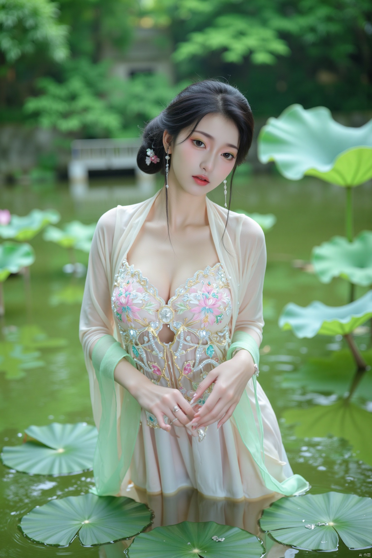 masterpiece,(best quality),official art, (1girl), (solo), ((looking_at_viewer)),(huge breasts:2.69),(full breasts:1.99),Xzhaoliner,(Lotus pond, lotus:1.52)
,Xyunxi,XyunxiX,XshengcaierX,Xzhukeer,Xdacishuwang,Xhehuahanfu