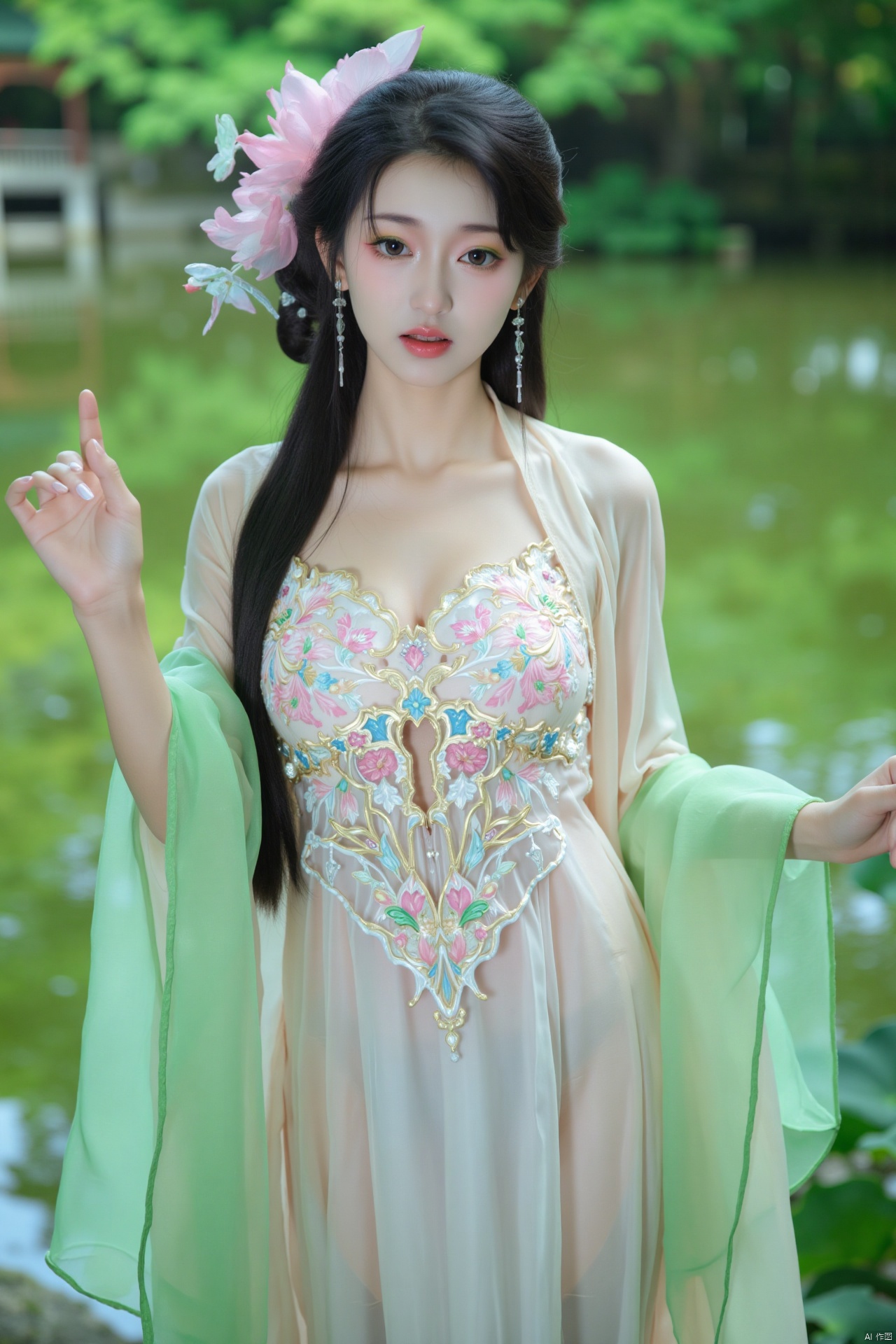 masterpiece,(best quality),official art, (1girl), (solo), ((looking_at_viewer)),(huge breasts:2.69),(full breasts:1.99),Xzhaoliner,(Lotus pond, lotus:1.52)
,Xyunxi,XyunxiX,XshengcaierX,Xzhukeer,Xdacishuwang,Xhehuahanfu