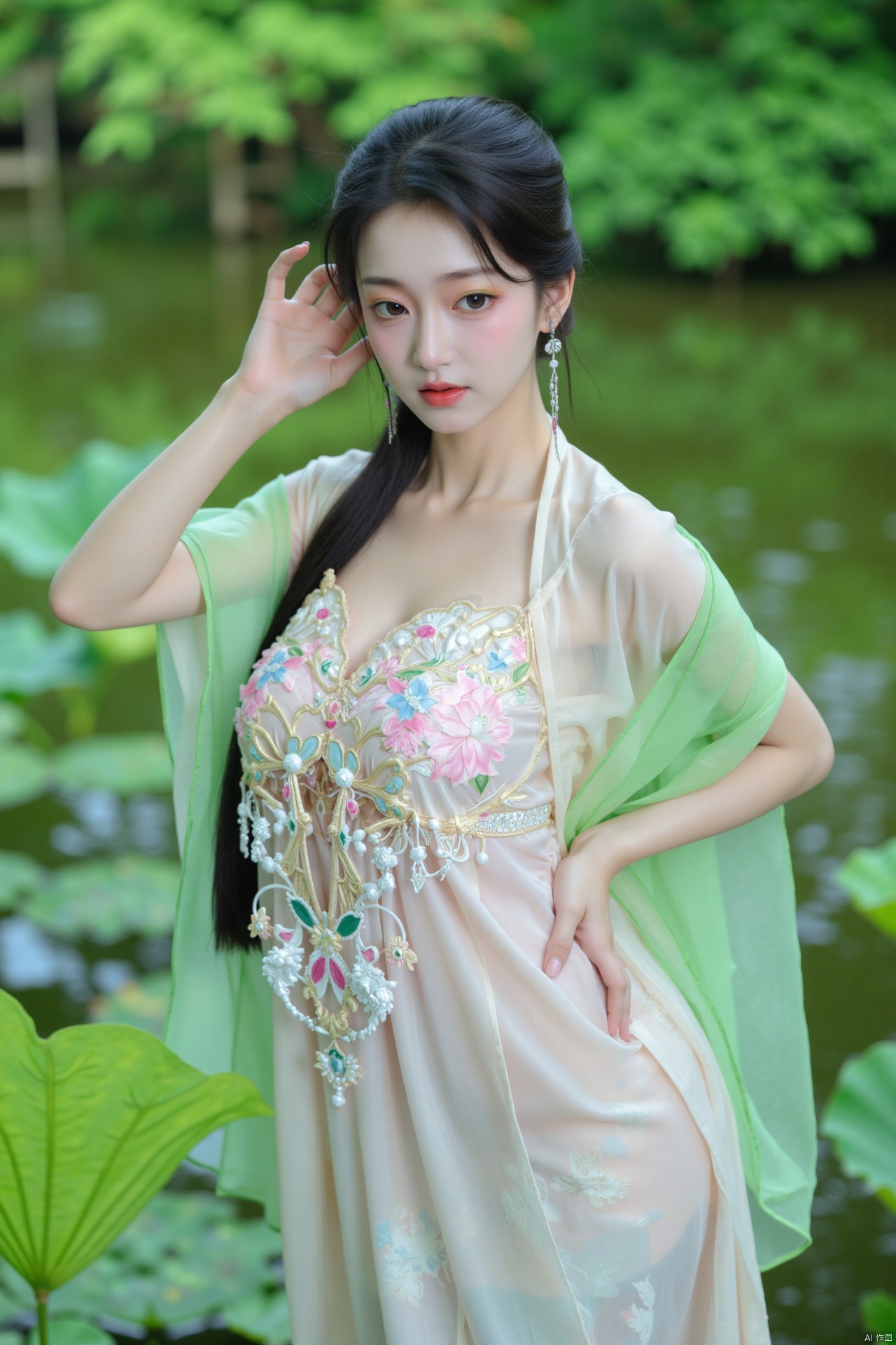 masterpiece,(best quality),official art, (1girl), (solo), ((looking_at_viewer)),(huge breasts:2.69),(full breasts:1.99),Xzhaoliner,(Lotus pond, lotus:1.52)
,Xyunxi,XyunxiX,XshengcaierX,Xzhukeer,Xdacishuwang,Xhehuahanfu