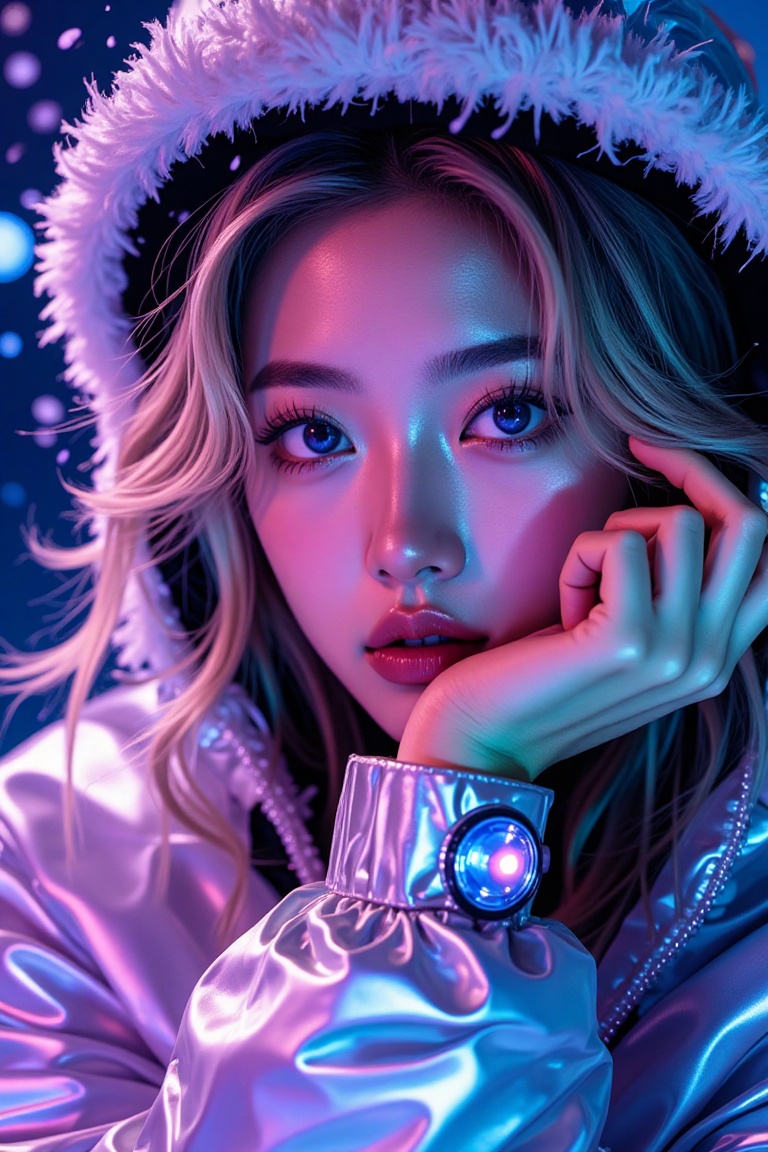 A mesmerizing close-up captures the young woman's enigmatic face,  piercing blue eyes locking onto the camera lens under s...