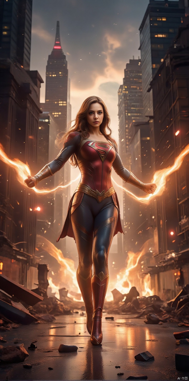 Superwoman stands heroically in a cityscape at dusk, as she summons her powers to save the day from an impending disaster. Cinematic lighting bathes her in warm, golden tones, with deep shadows accentuating her determined expression and rippling muscles. The camera captures her dynamic pose, arms outstretched and fists clenched, as she unleashes a barrage of energy blasts towards the looming threat. The city's towering skyscrapers loom in the background, their lights reflecting off the wet pavement as the sounds of chaos and destruction fill the air.