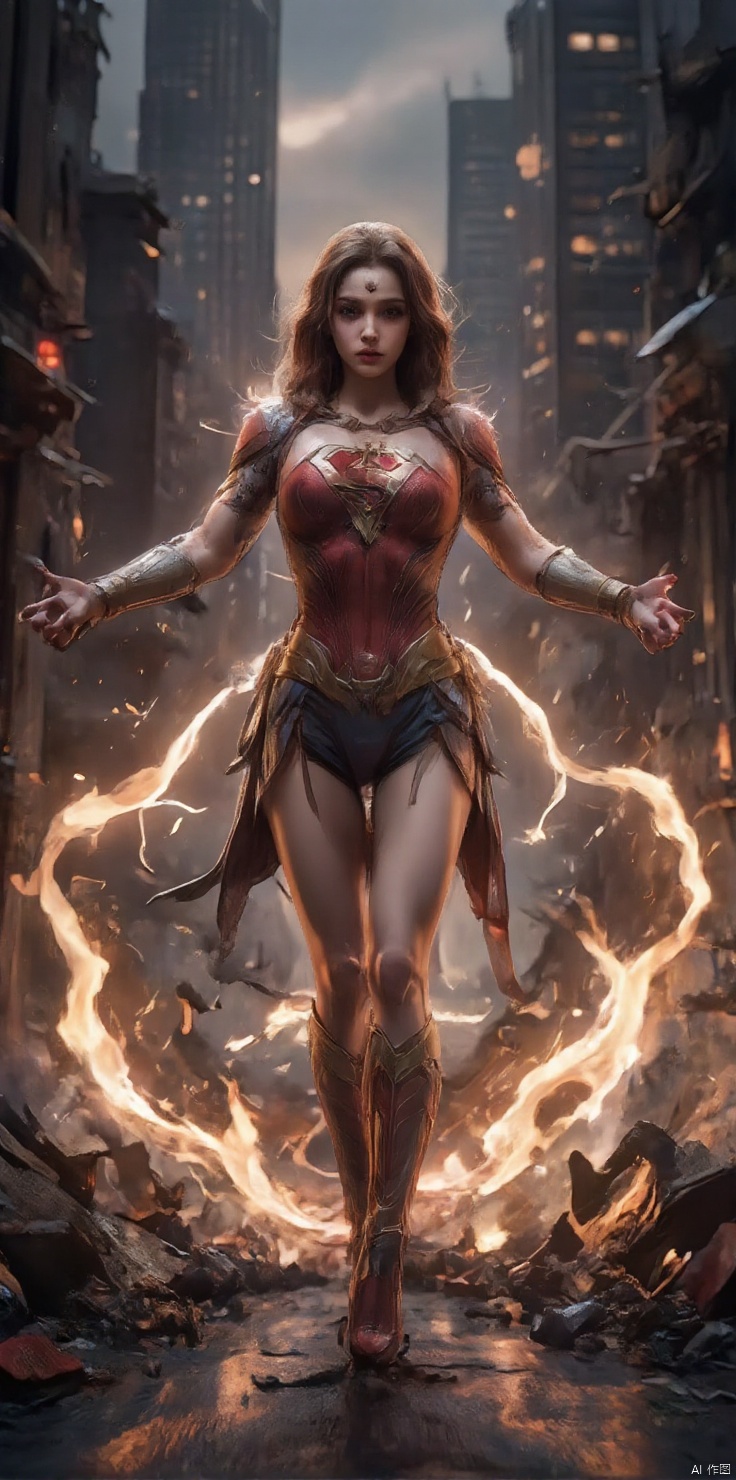 Superwoman stands heroically in a cityscape at dusk, as she summons her powers to save the day from an impending disaster. Cinematic lighting bathes her in warm, golden tones, with deep shadows accentuating her determined expression and rippling muscles. The camera captures her dynamic pose, arms outstretched and fists clenched, as she unleashes a barrage of energy blasts towards the looming threat. The city's towering skyscrapers loom in the background, their lights reflecting off the wet pavement as the sounds of chaos and destruction fill the air.