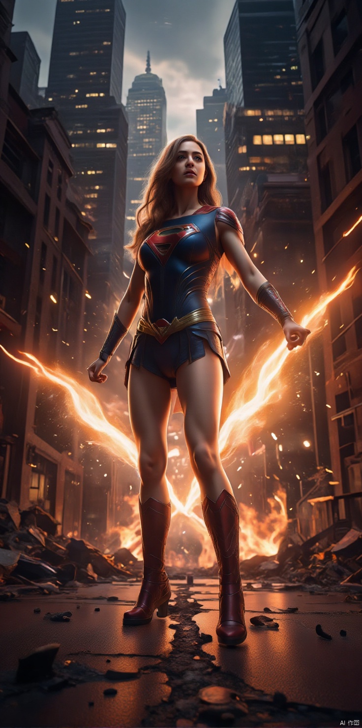 Superwoman stands heroically in a cityscape at dusk, as she summons her powers to save the day from an impending disaster. Cinematic lighting bathes her in warm, golden tones, with deep shadows accentuating her determined expression and rippling muscles. The camera captures her dynamic pose, arms outstretched and fists clenched, as she unleashes a barrage of energy blasts towards the looming threat. The city's towering skyscrapers loom in the background, their lights reflecting off the wet pavement as the sounds of chaos and destruction fill the air.