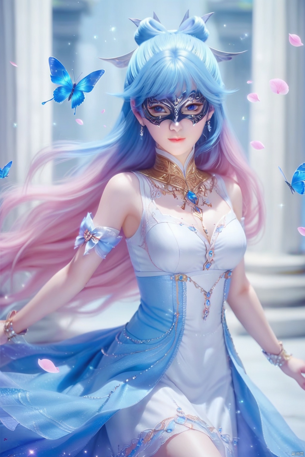 masterpiece, best quality, masterpiece,best quality,official art,extremely detailed CG unity 8k wallpaper,1girl,solo,hair ornament,long hair,looking at viewer,jewelry,multicolored hair,blue eyes,dress,closed mouth,blue hair,pink hair,flower,ribbon,petals,detached collar,bug,blue butterfly,sparkle,pillar,tattoo,(mask:1.3)