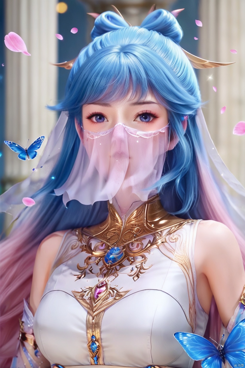 masterpiece, best quality, masterpiece,best quality,official art,extremely detailed CG unity 8k wallpaper,1girl,solo,hair ornament,long hair,looking at viewer,jewelry,multicolored hair,blue eyes,dress,blue hair,pink hair,flower,ribbon,petals,detached collar,bug,blue butterfly,sparkle,pillar,tattoo,(veil:1.3),(mouth veil:1.3)