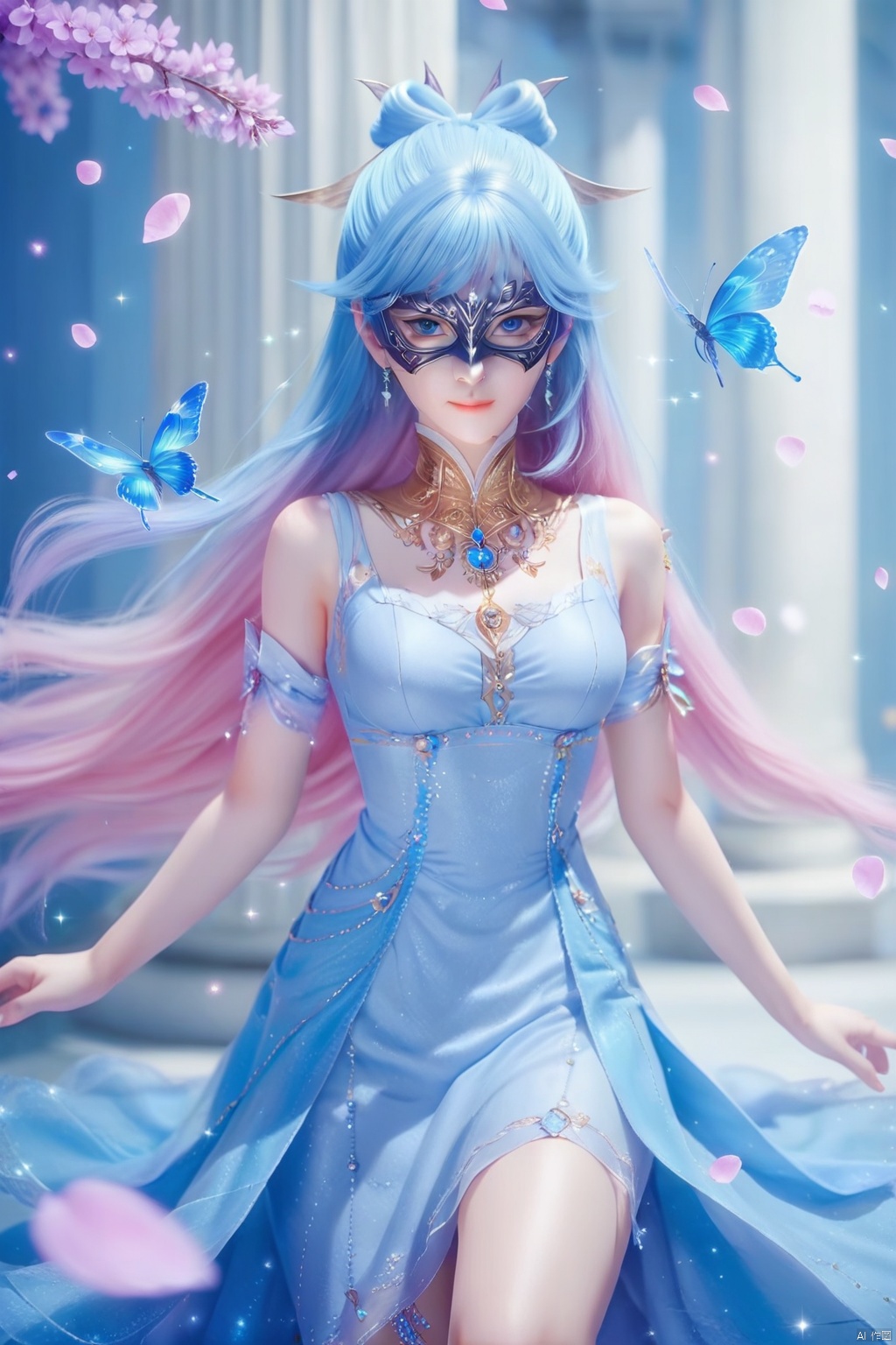 masterpiece, best quality, masterpiece,best quality,official art,extremely detailed CG unity 8k wallpaper,1girl,solo,hair ornament,long hair,looking at viewer,jewelry,multicolored hair,blue eyes,dress,closed mouth,blue hair,pink hair,flower,ribbon,petals,detached collar,bug,blue butterfly,sparkle,pillar,tattoo,(mask:1.3)