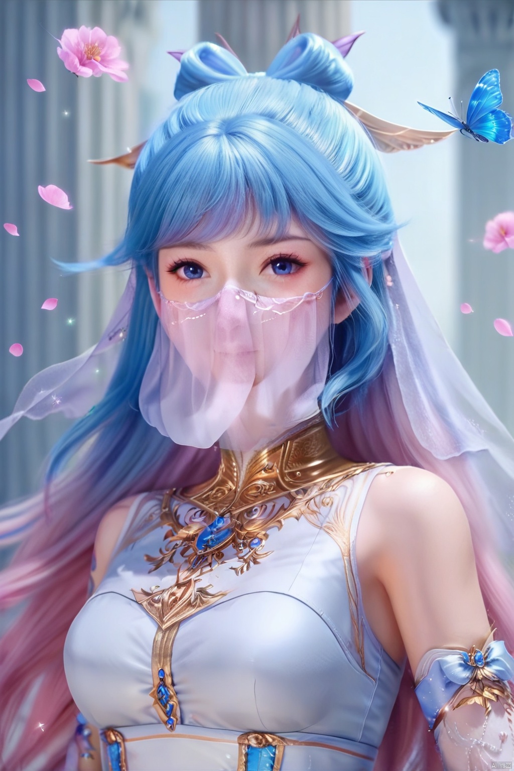 masterpiece, best quality, masterpiece,best quality,official art,extremely detailed CG unity 8k wallpaper,1girl,solo,hair ornament,long hair,looking at viewer,jewelry,multicolored hair,blue eyes,dress,blue hair,pink hair,flower,ribbon,petals,detached collar,bug,blue butterfly,sparkle,pillar,tattoo,(veil:1.3),(mouth veil:1.3),portrait,smile