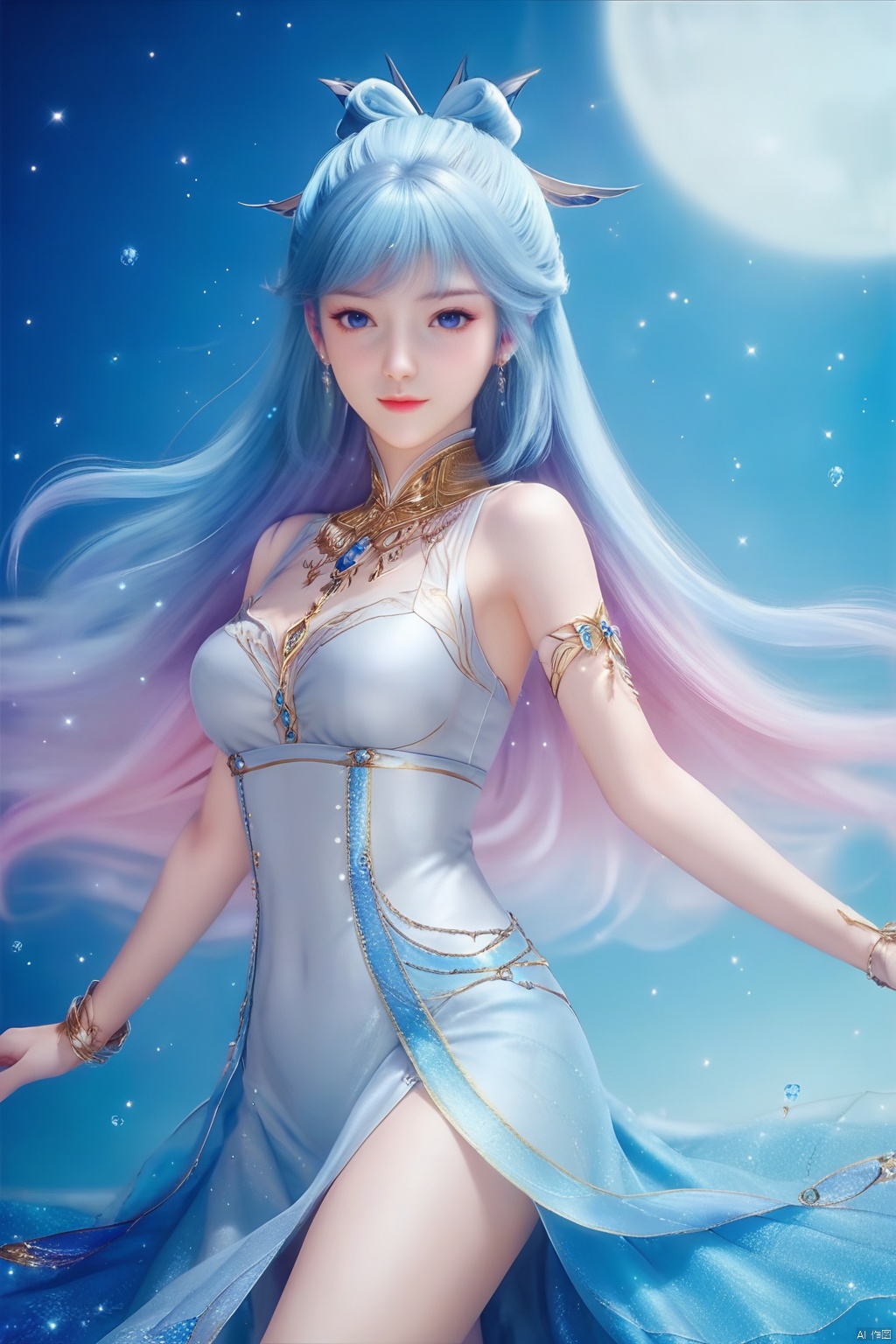 masterpiece, best quality, masterpiece,best quality,official art,extremely detailed CG unity 8k wallpaper,1girl,solo,hair ornament,long hair,looking at viewer,jewelry,multicolored hair,blue eyes,dress,