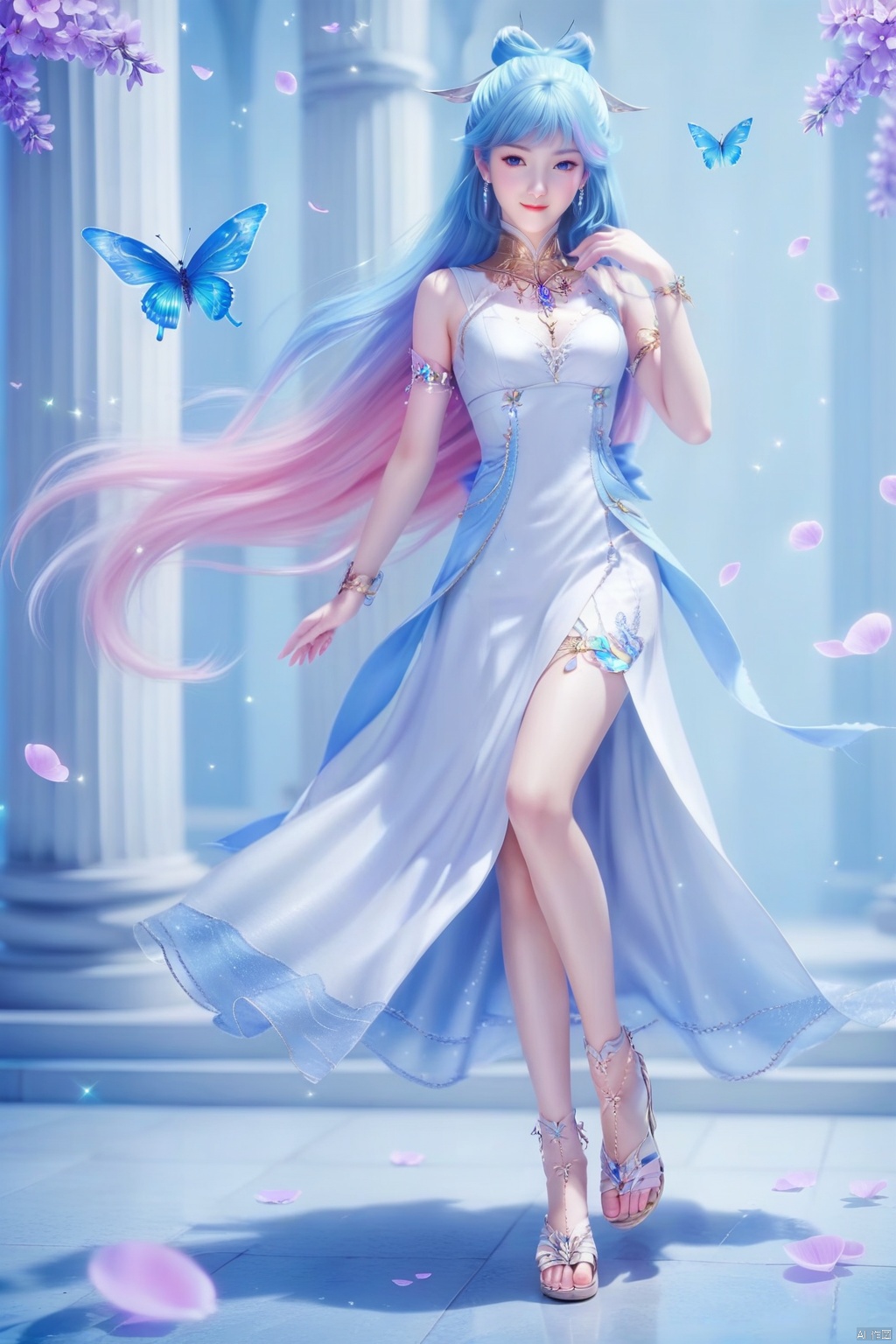 masterpiece, best quality, masterpiece,best quality,official art,extremely detailed CG unity 8k wallpaper,1girl,solo,hair ornament,long hair,looking at viewer,jewelry,multicolored hair,blue eyes,dress,closed mouth,blue hair,pink hair,flower,ribbon,petals,detached collar,bug,blue butterfly,sparkle,pillar,tattoo,white dress,sandals,toes,high heels,full body,smile
