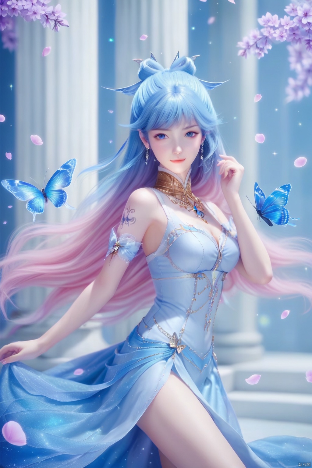 masterpiece, best quality, masterpiece,best quality,official art,extremely detailed CG unity 8k wallpaper,1girl,solo,hair ornament,long hair,looking at viewer,jewelry,multicolored hair,blue eyes,dress,closed mouth,blue hair,pink hair,flower,ribbon,petals,detached collar,bug,blue butterfly,sparkle,pillar,tattoo,