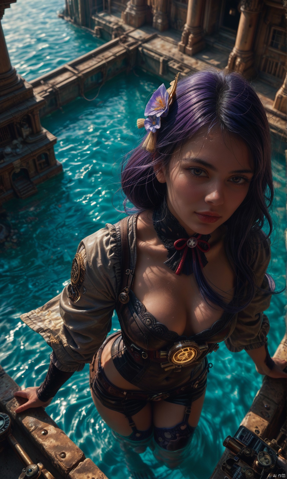 score_9,score_8_up,score_7_up,
raiden shogun,steampunk,girl wearing sci-fi clothes with weird metal parts all over her clothes,the background is a complex city full of pipe gears,water vapor,temple background. rainbow.from_above,breasts_focus, Add details