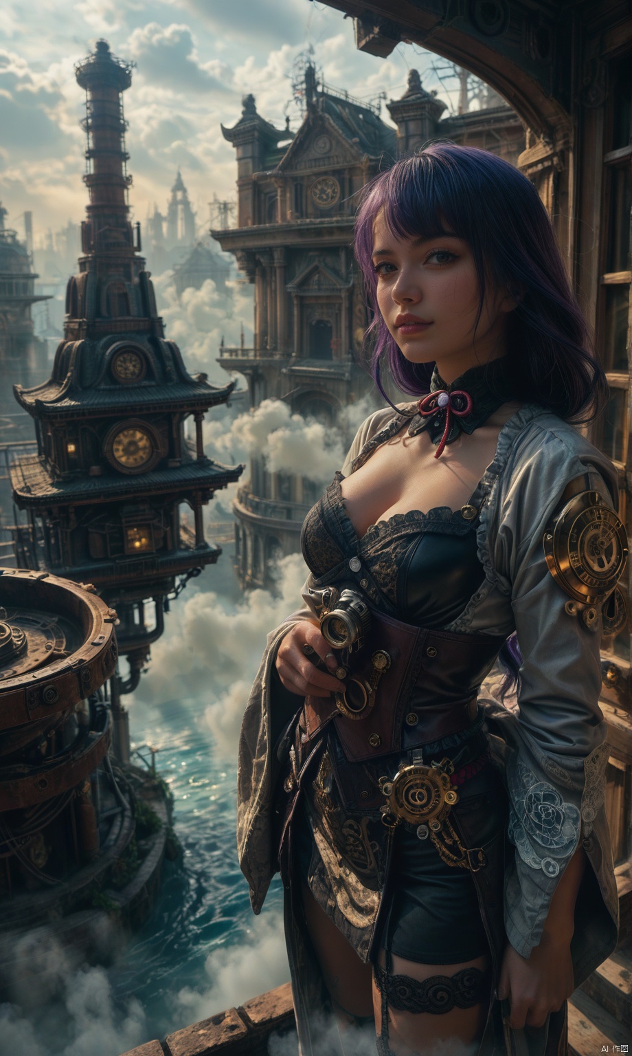 score_9,score_8_up,score_7_up,
raiden shogun,steampunk,girl wearing sci-fi clothes with weird metal parts all over her clothes,the background is a complex city full of pipe gears,water vapor,temple background. rainbow.fog,from_above,breasts_focus, Add details