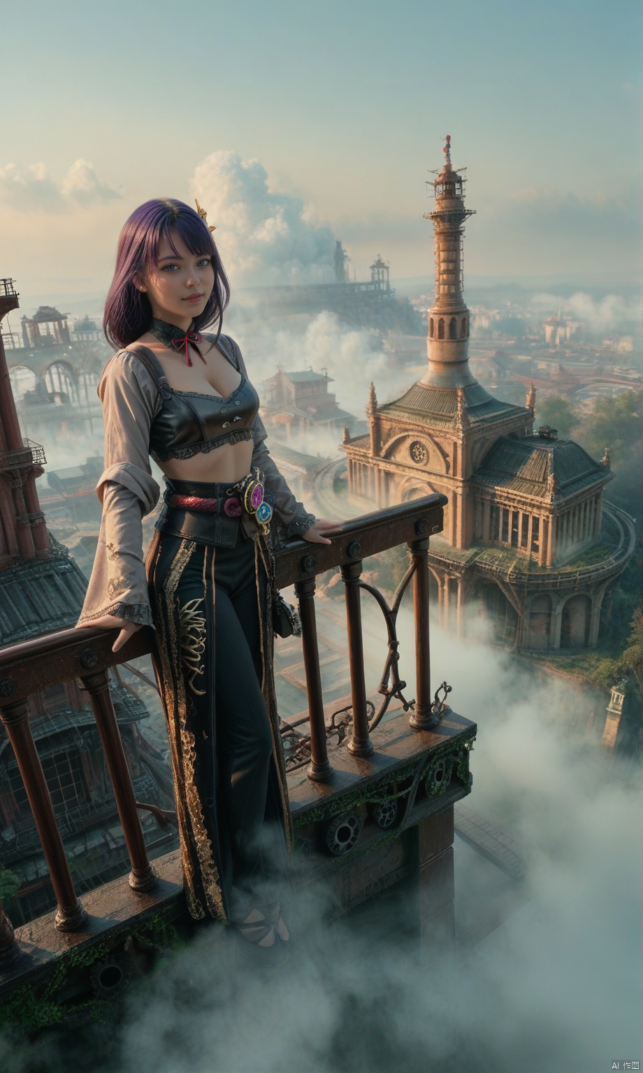 score_9,score_8_up,score_7_up,
raiden shogun,steampunk,girl wearing sci-fi clothes with weird metal parts all over her clothes,the background is a complex city full of pipe gears,water vapor,temple. rainbow.fog,from_above,breasts_focus,
