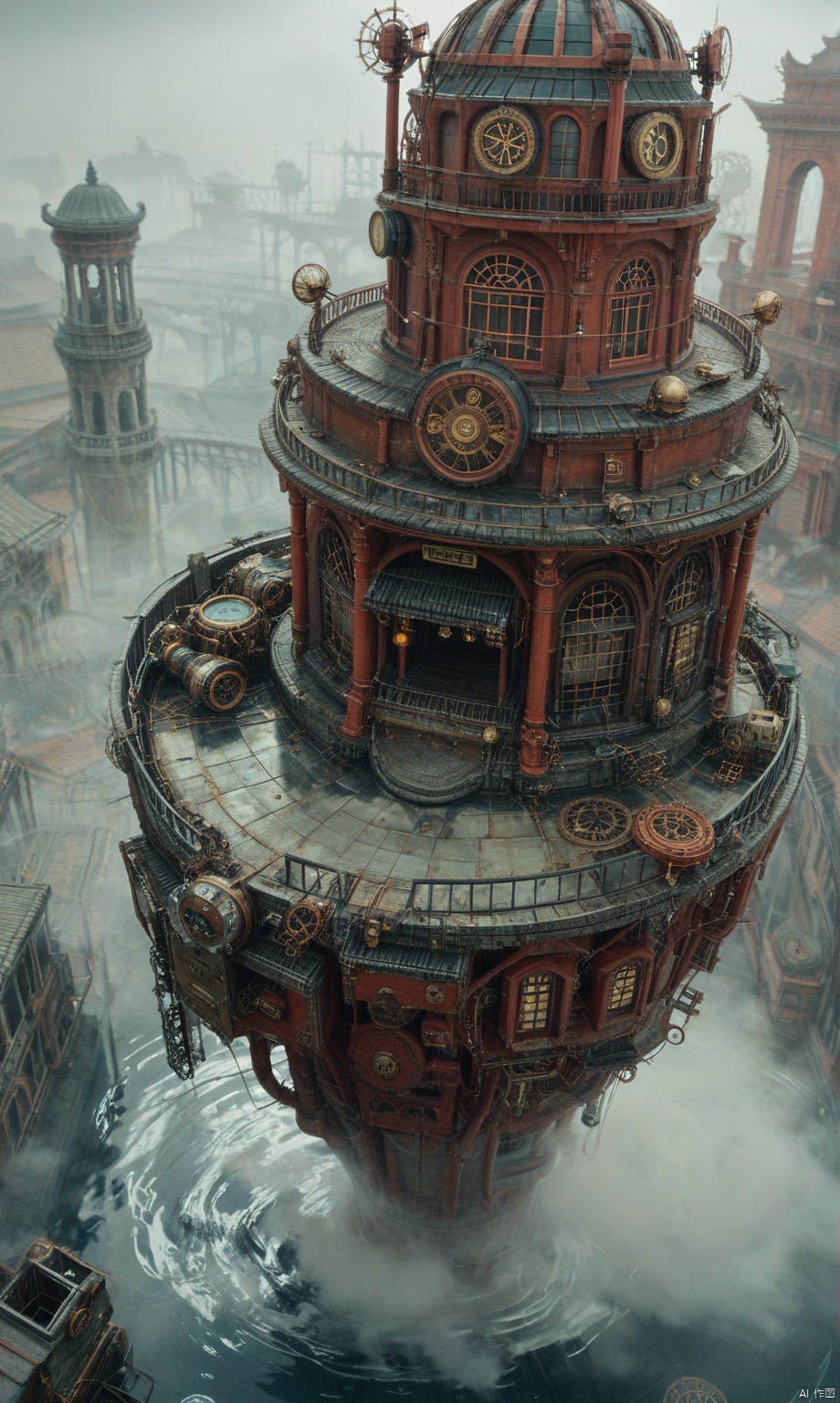 score_9,score_8_up,score_7_up,
raiden shogun,steampunk,girl wearing sci-fi clothes with weird metal parts all over her clothes,the background is a complex city full of pipe gears,water vapor,temple. rainbow.fog,from_above,breasts_focus,