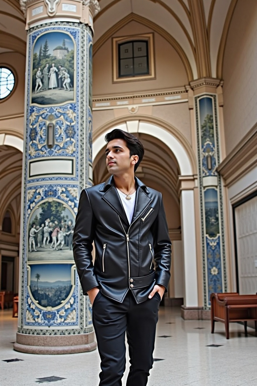 A handsome young man standing inside the São Bento Railway Station in Porto,  Portugal. He is dressed in a stylish,  moder...