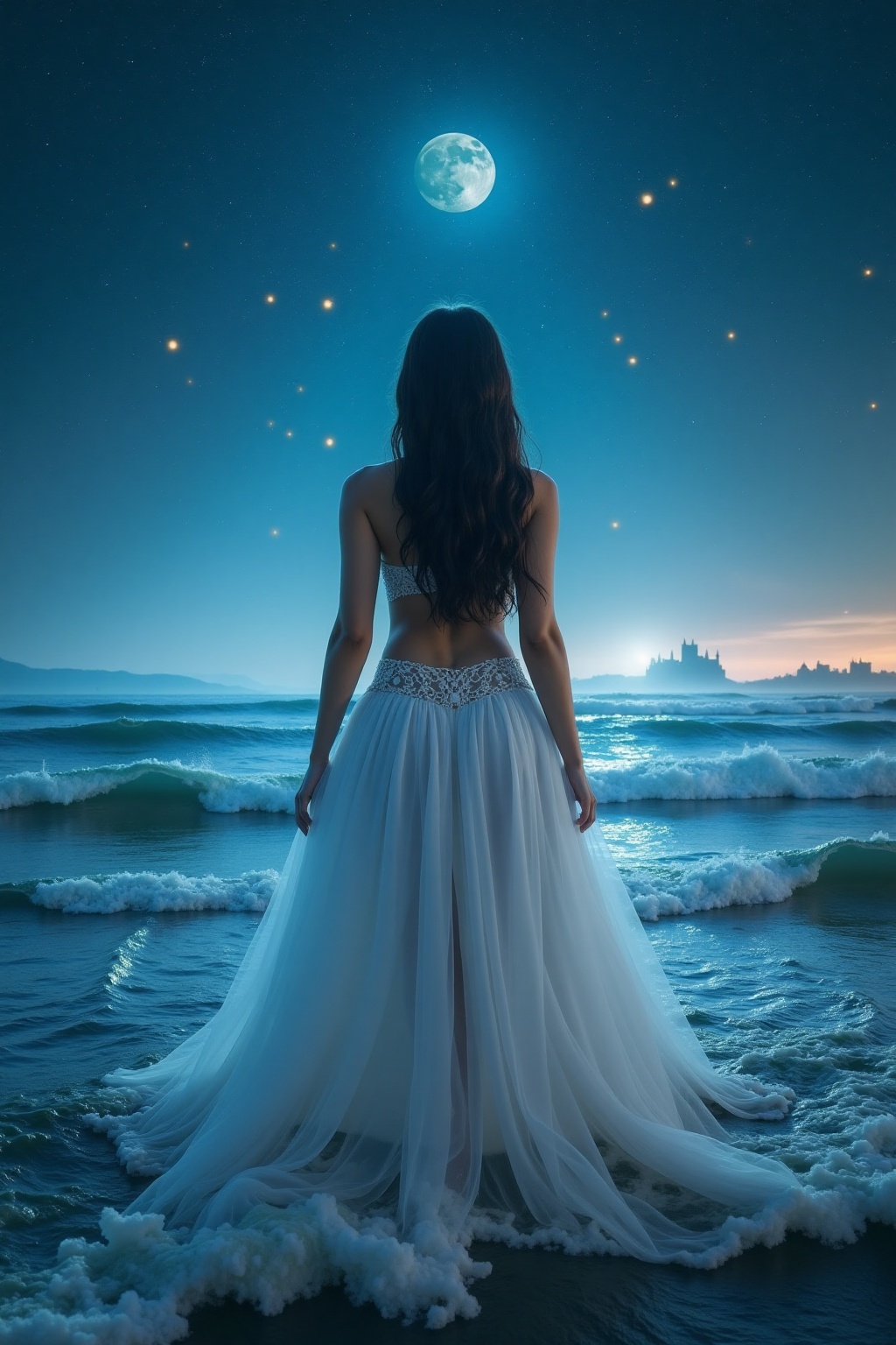 Breathtaking woman with long,  dark hair and a flowing gown made of mist stands amidst rolling waves on an endless ocean u...
