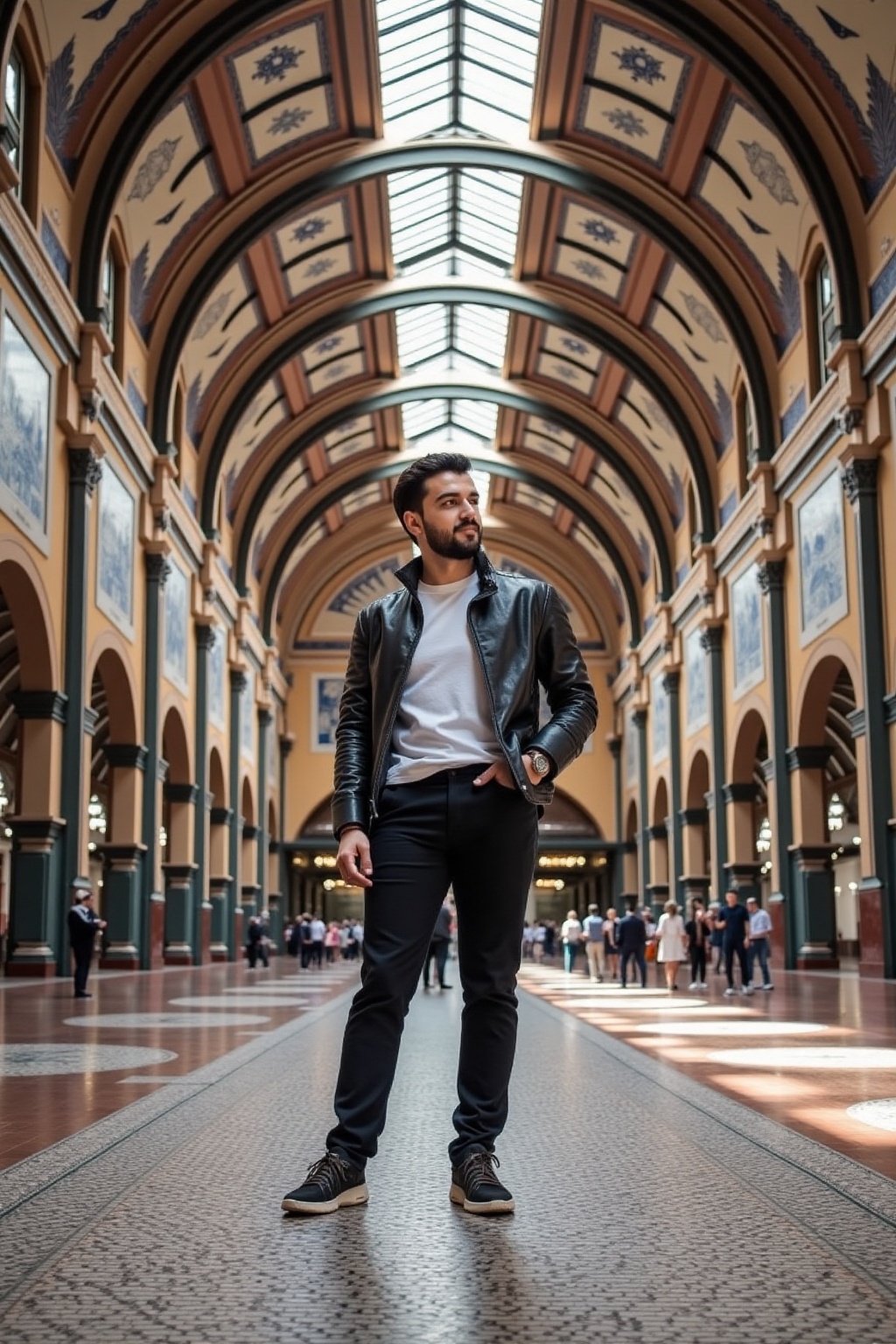 A handsome young man standing inside the São Bento Railway Station in Porto,  Portugal. He is dressed in a stylish,  moder...