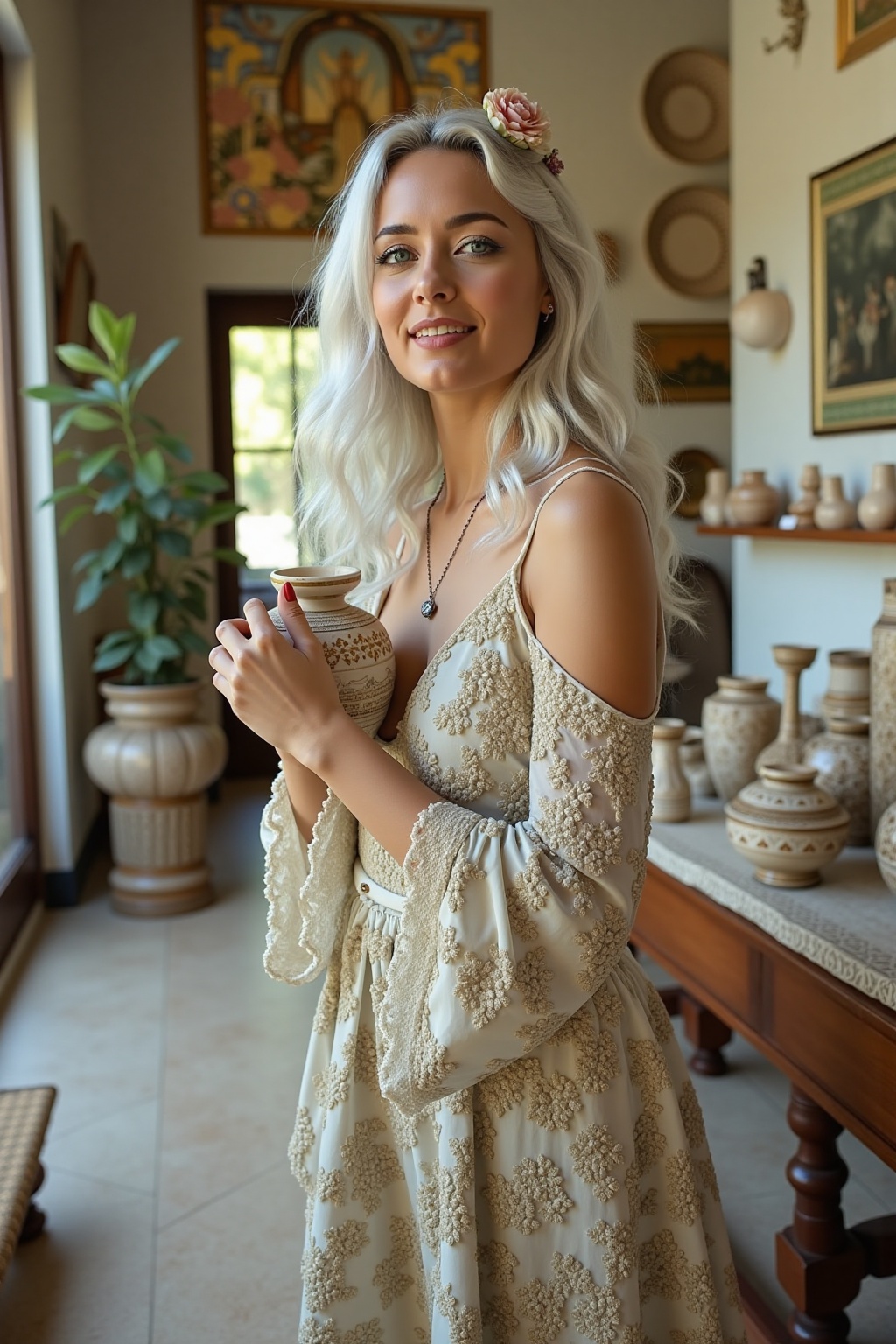 Gender and Appearance: Female,  white as porcelain,  turquoise eyes. Hair: Long wavy white hair on Tensor.Art
