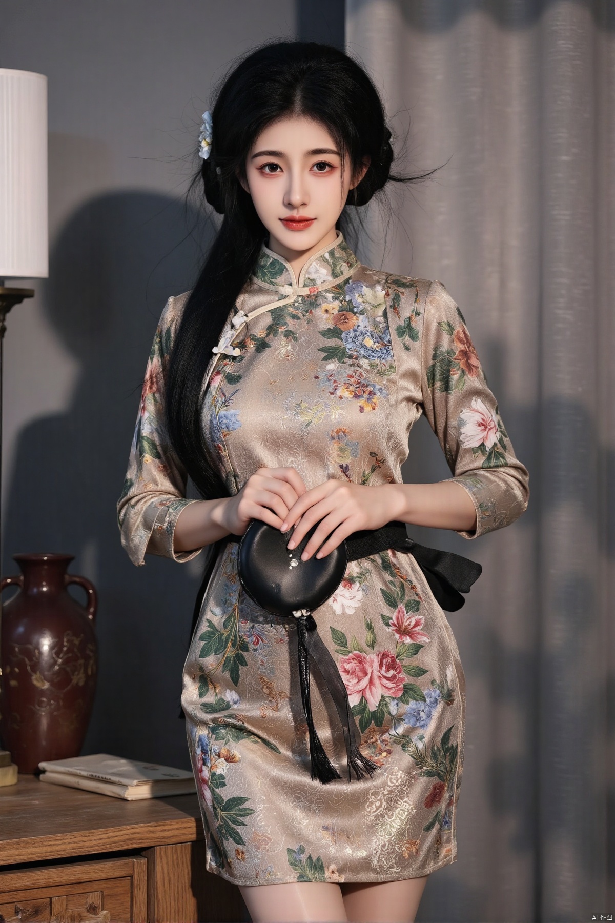 cheongsam,beauty girl,The suit leaked big snow-white breasts,masterpiece,oval face,print_cheongsam,zhanghanyun,shiny pantyhose