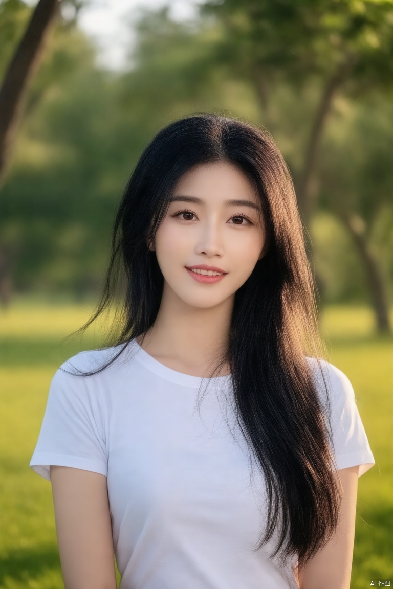 asian woman,(best quality,4k,8k,highres,masterpiece:1.2),ultra-detailed,(realistic,photorealistic,photo-realistic:1.37),long dark hair,white t-shirt,outdoor setting,soft lighting,serene atmosphere,beautiful detailed eyes,beautiful detailed lips,extremely detailed eyes and face,long eyelashes,calm expression,relaxed posture,green grass,sunny day,gentle breeze,evening light,peaceful environment,natural scenery,realistic skin,smooth skin,shadows under the trees,soft shadows,subtle highlights,delicate features,clear sky,soft colors,harmonious composition,impressionist style,atmospheric,soothing tones,tranquil scene,blurred background,bokeh effect,soft focus,ethereal feel