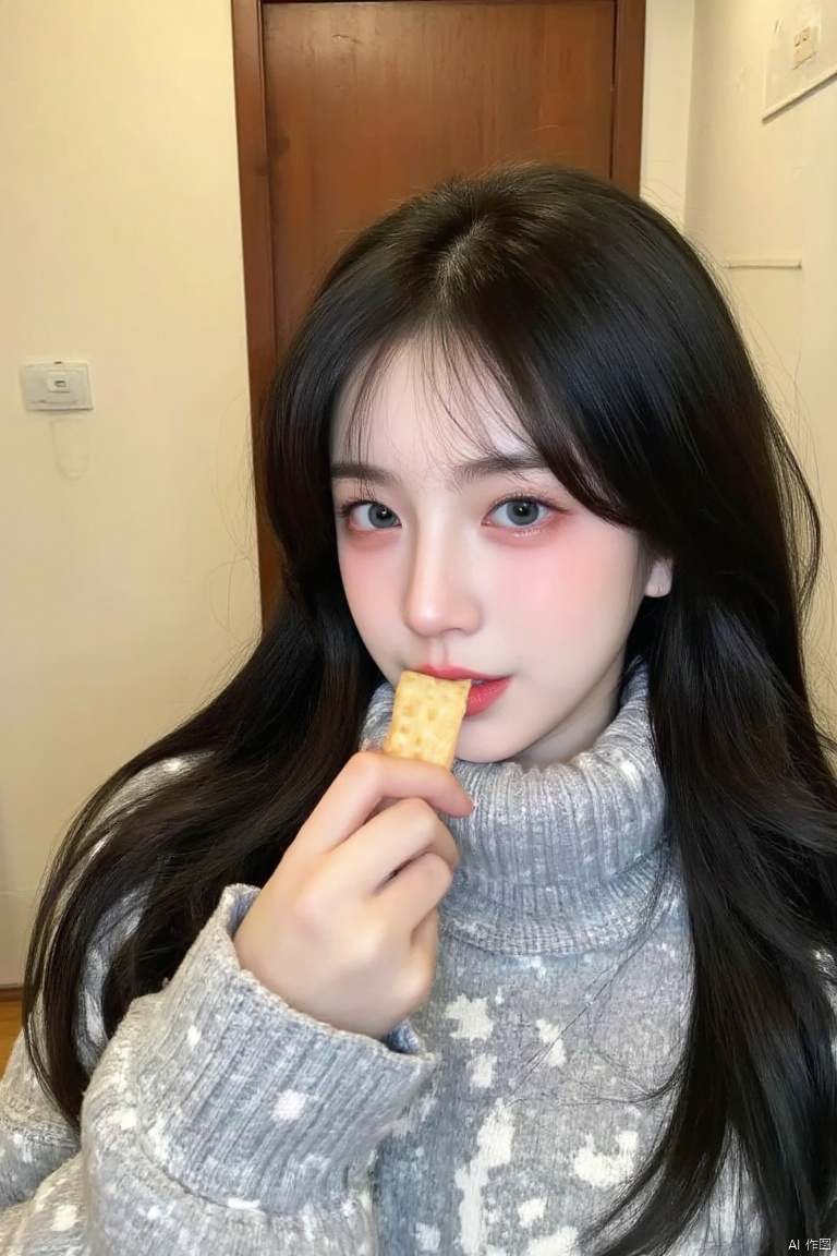 saihong,IMG_1045.HEIC of a photo,
a young Asian girl with long black hair and blue eyes is seen eating a cracker. She is wearing a gray sweater with white speckles on it, and her left hand is holding the cracker in her right hand. Her right hand is positioned in front of her face, adding a touch of warmth to her face. The background is a creamy yellow, and a brown door can be seen behind her.
The composition follows the rule of thirds, with the woman positioned off-center to the right. The overall lighting is bright and natural, creating a serene and dreamy atmosphere. The image is sharp and clear, with a soft focus on the background, emphasizing the subject. 
