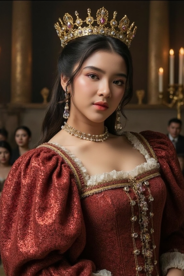 A sumptuously detailed Baroque painting of a regal queen,  her opulent gown adorned with intricate embroidery and jewels,...