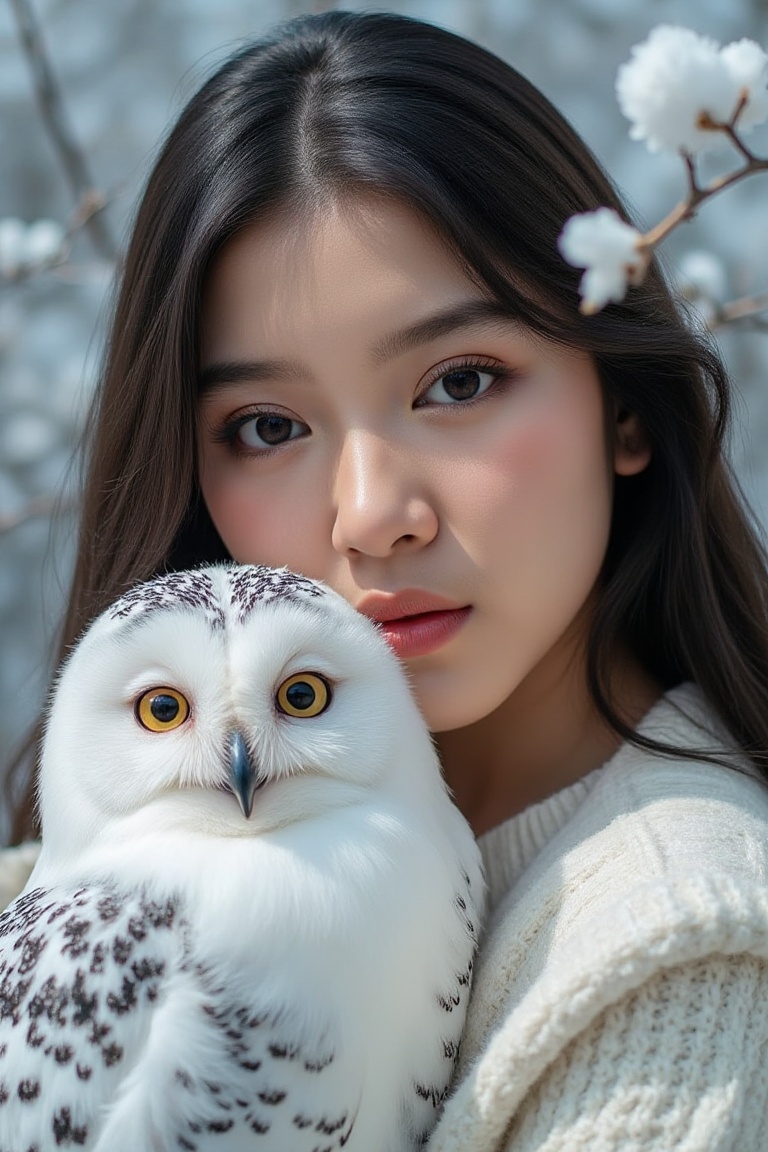 Closeup of a young pale woman with a face like a porcelain doll and big eyes,  black long wavy hair hugging her white owl,...