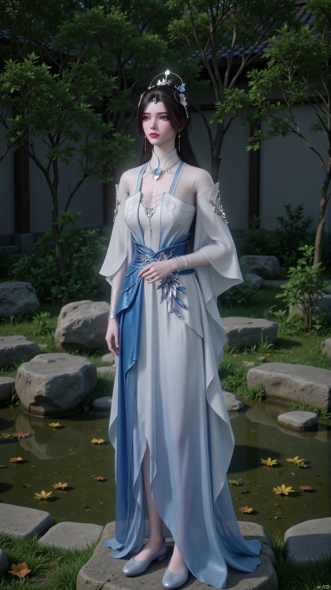 Depth of field, ultra clear, ultra-high resolution, 8k, well structured, masterpiece, surrealism, details, textures, conceptual artwork, atmosphere, clear background, film lighting technology.
1 girl, solo, a girl standing on a stone in the yard. Vibrant colors. Black long hair, hair accessories, necklace, earrings, white and blue Hanfu, long sleeves. The clothes have exquisite floral embroidery. Silk material clothing. Pale face, snow-white skin, blue eyes, red lips, eye shadow. Flat bottomed shallow mouth single shoe. On a clear day, the sunlight shone on her.
Chinese style courtyard, with ponds, maple trees, stones, moss, maple leaves, floating leaves on the water surface, and clear water indoors and in the courtyard.,baisu(lmw)