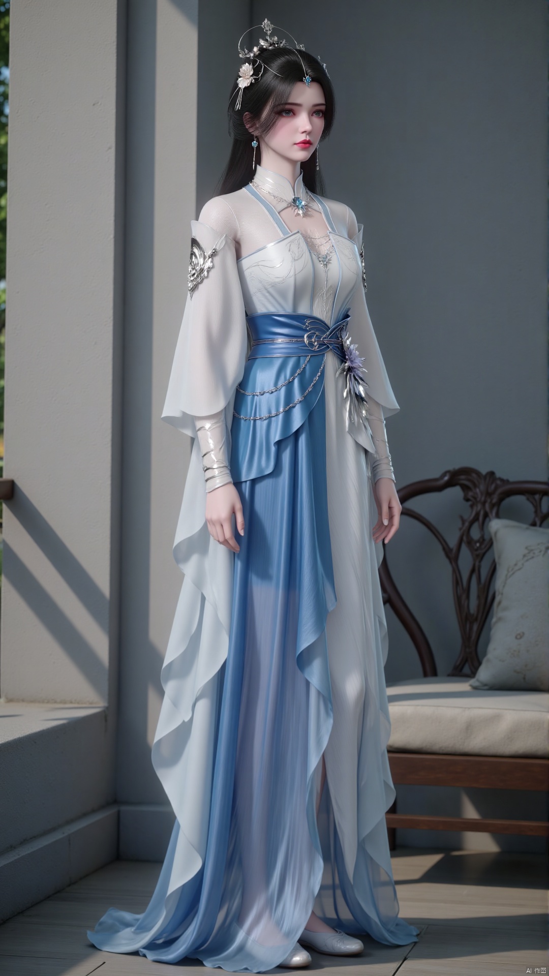 Depth of field, ultra clear, ultra-high resolution, 8k, well structured, masterpiece, surrealism, details, textures, conceptual artwork, atmosphere, clear background, film lighting technology.
1 girl, solo, a girl standing by the window. Vibrant colors. Black long hair, hair accessories, necklace, earrings, white and blue Hanfu, long sleeves. The clothes have exquisite floral embroidery. Silk material clothing. Pale face, snow-white skin, blue eyes, red lips, eye shadow. Flat bottomed shallow mouth single shoe. On a clear day, the sunlight shone on her.
Chinese style furniture, luxurious.,baisu(lmw)