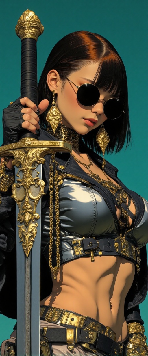 Prompt: The woman has shoulder-length dark crimson hair with straight bangs. Her hair is sleek,  and she has a subtle ligh...