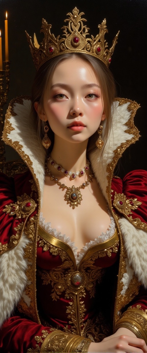 A sumptuously detailed Baroque painting of a regal queen,  her opulent gown adorned with intricate embroidery and jewels,...