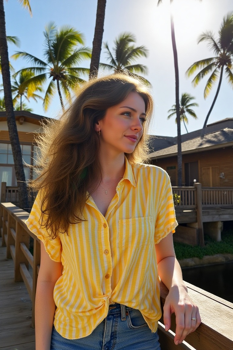 msfiiire,  a woman with long,  wavy hair stands at a wooden railing on Tensor.Art