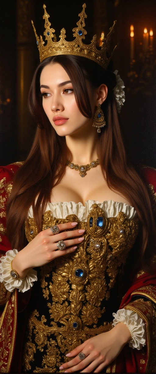 A sumptuously detailed Baroque painting of a regal queen,  her opulent gown adorned with intricate embroidery and jewels,...