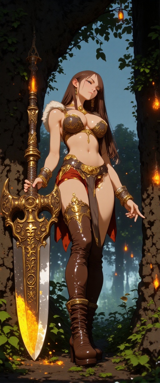 In a misty twilight,  a paleolithic barbarian-mage stands tall,  her fur-lined leather armor glistening beneath the soft g...
