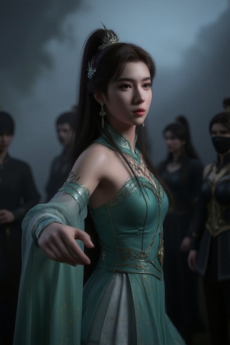 half body portrait of warrior princess,  a black hair Chinese warrior girl illuminated by the soft glow of a flashlight,...