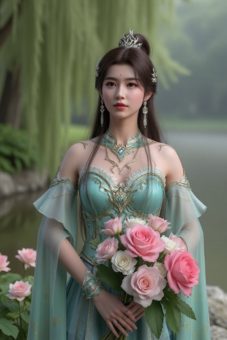 A regal princess stands majestically behind a vibrant bouquet of flowers in a serene flower garden,  surrounded by the tra...