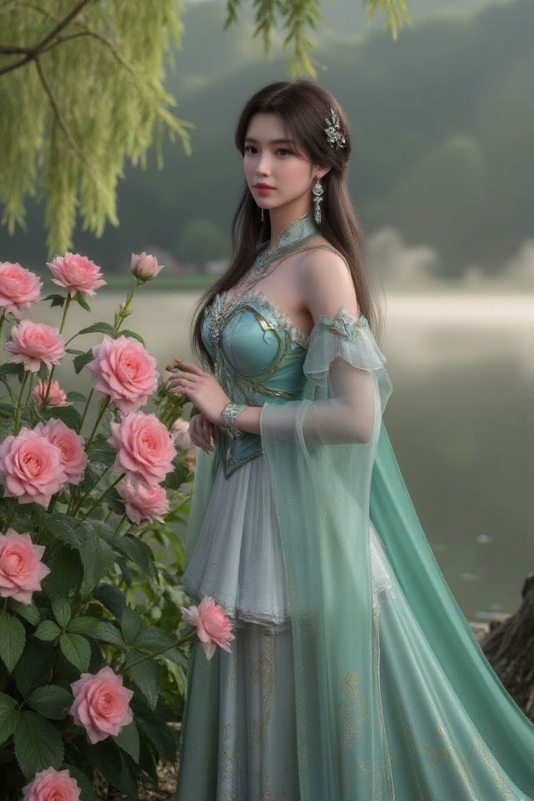 A regal princess stands majestically behind a vibrant bouquet of flowers in a serene flower garden,  surrounded by the tra...