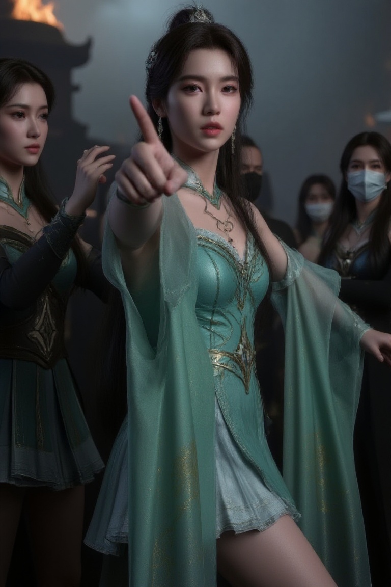 Warrior Princess Emerges: Half-body portrait of a fierce,  black-haired Chinese warrior girl illuminated by the soft glow...